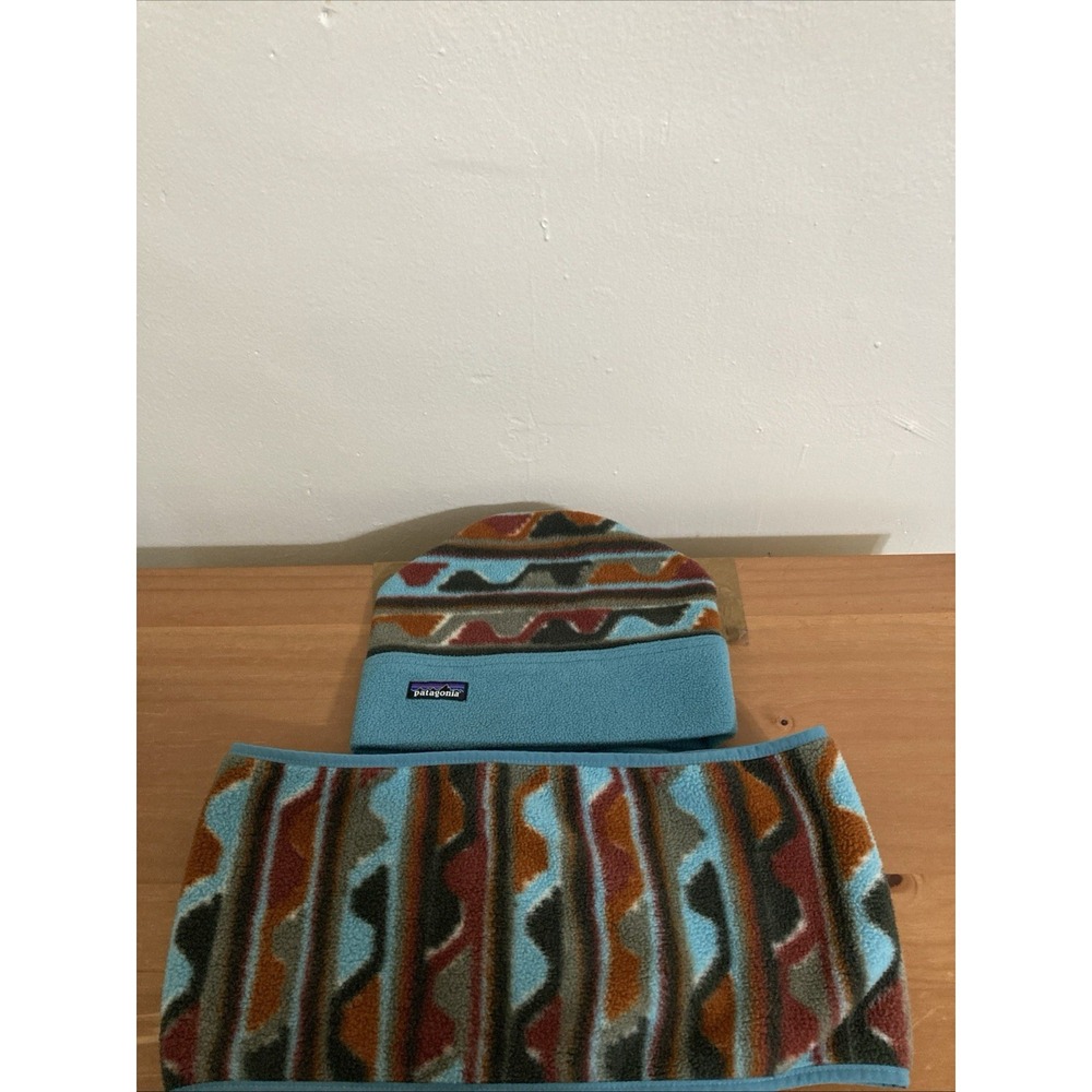 Vintage 90s Patagonia Alpine Southwestern Print Fleece Hat And Neck Scarf‎ L